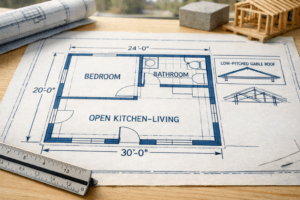 Macro view of ranch home blueprints showing a dimensioned 24-by-30-foot cabin plan with labeled rooms, roof inset, and ruler.