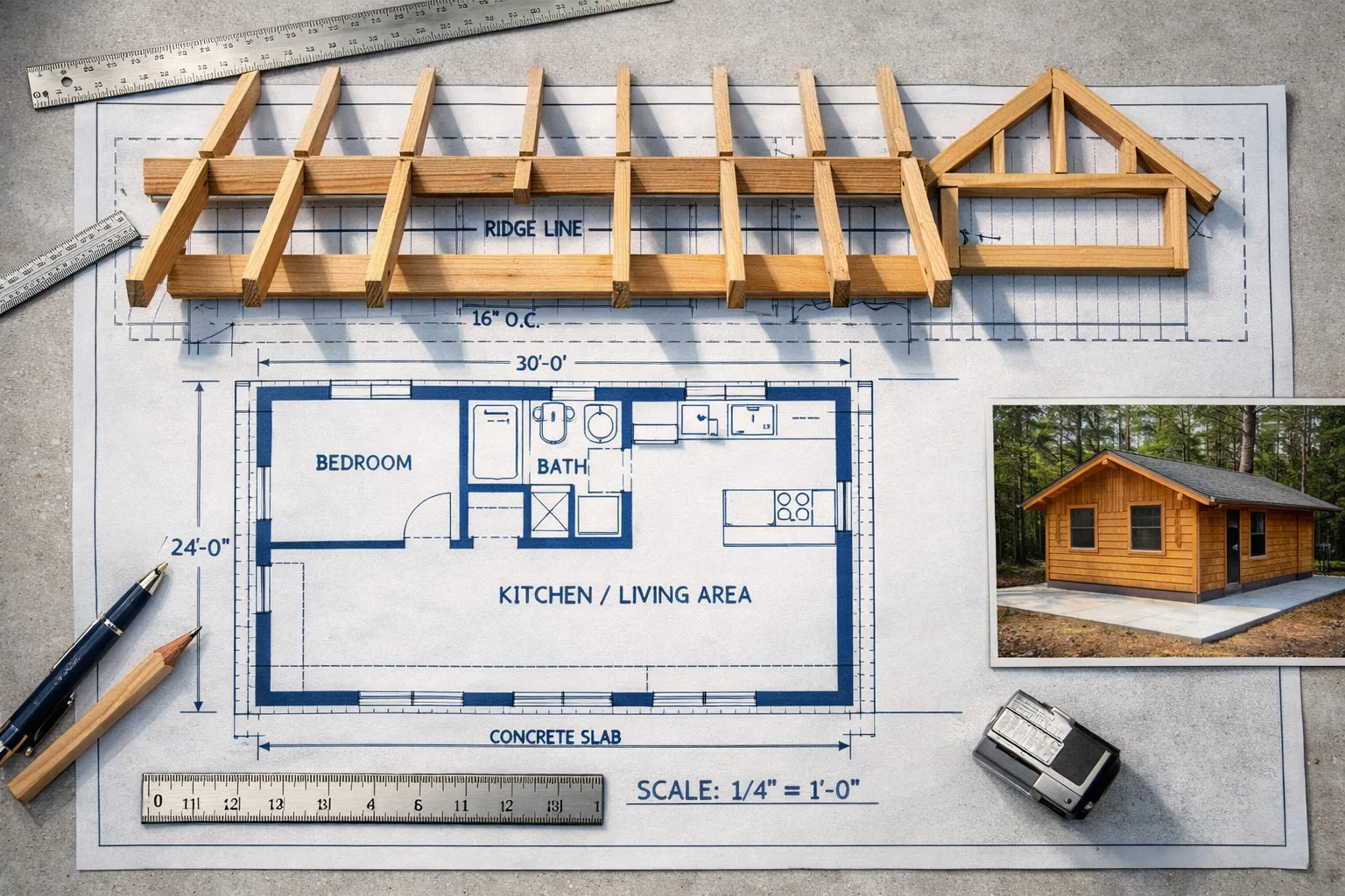 Overhead view of ranch home blueprints with a 24-by-30-foot cabin plan, spruce roof framing, and concrete slab.