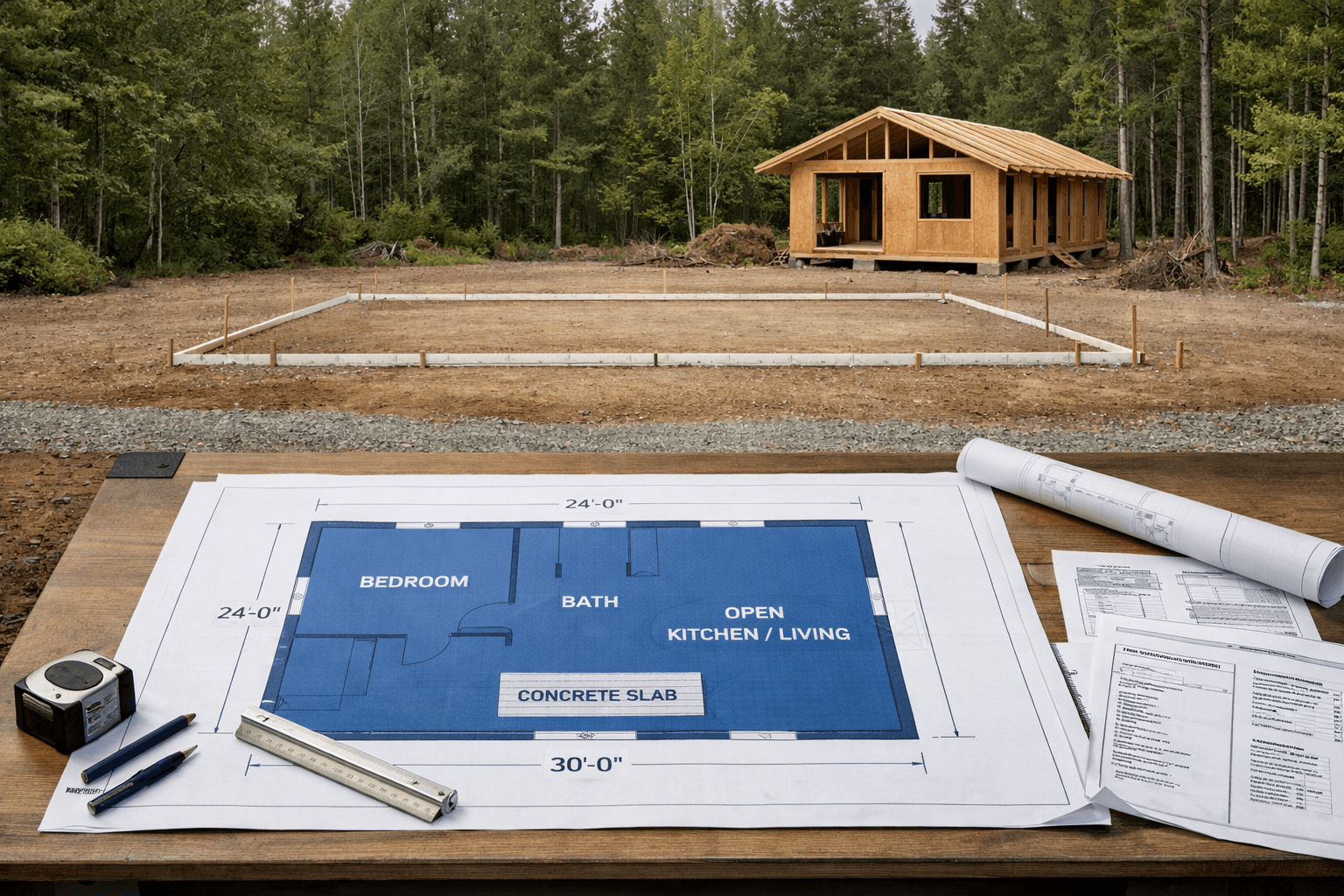 Ranch home blueprints on a drafting table align with a rural cabin slab foundation and partially built timber cabin.