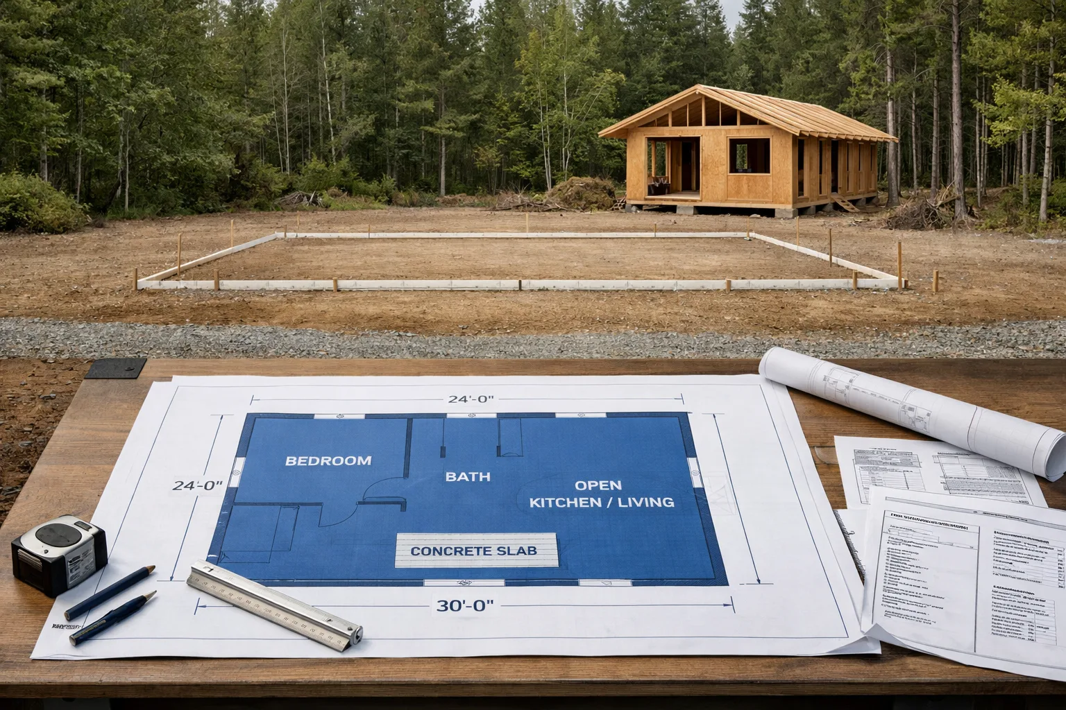 Ranch home blueprints on a drafting table align with a rural cabin slab foundation and partially built timber cabin.