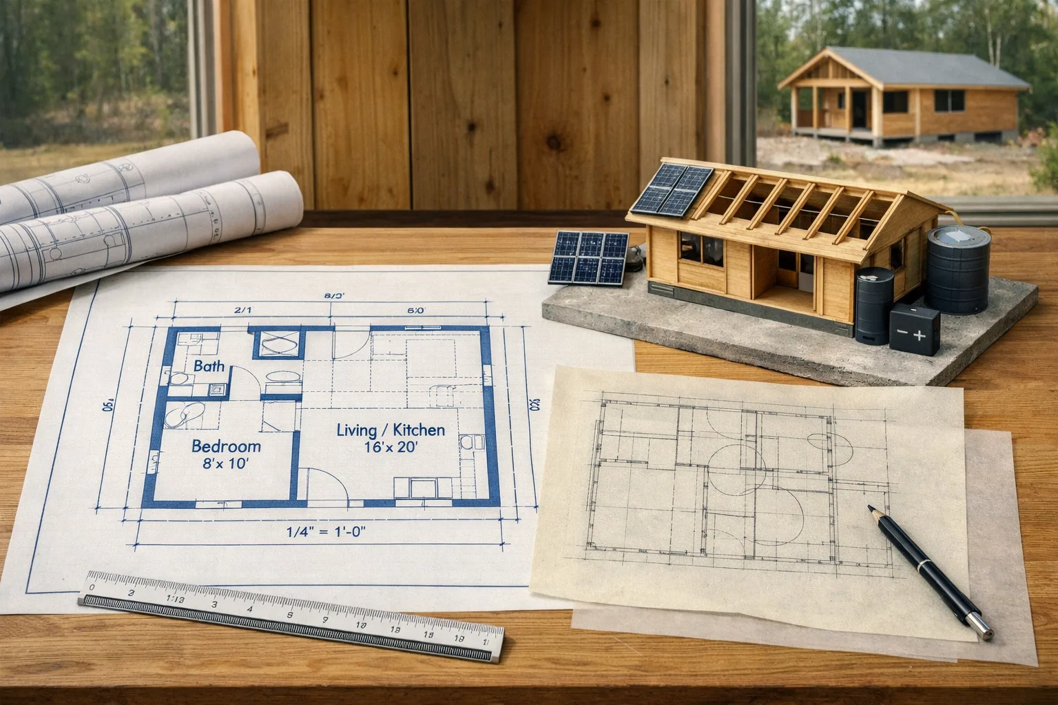 Ranch home blueprints detail a compact cabin floor plan beside a study model, solar panels, rainwater system, and drafting tools.