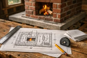 Masonry heater plans with flue diagrams beside a partially built brick heater, tools, firewood, and glowing embers.