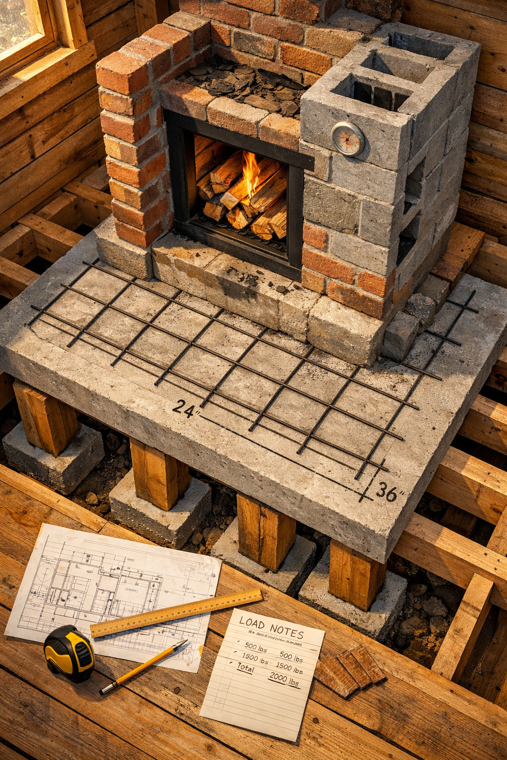 Bird’s-eye view of a cabin masonry heater under construction, showing reinforced foundation, timber supports, plans, and a lit firebox.