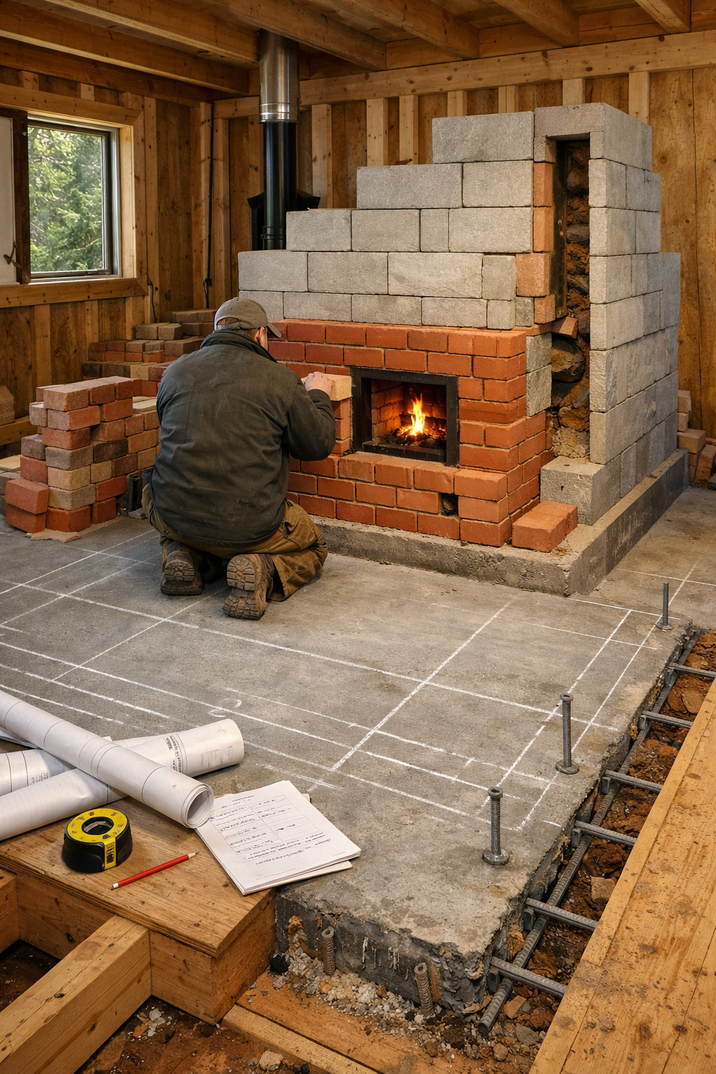 Builder aligns firebrick courses on a masonry heater in a rustic cabin, with plans, tools, concrete slab, and woodland view.