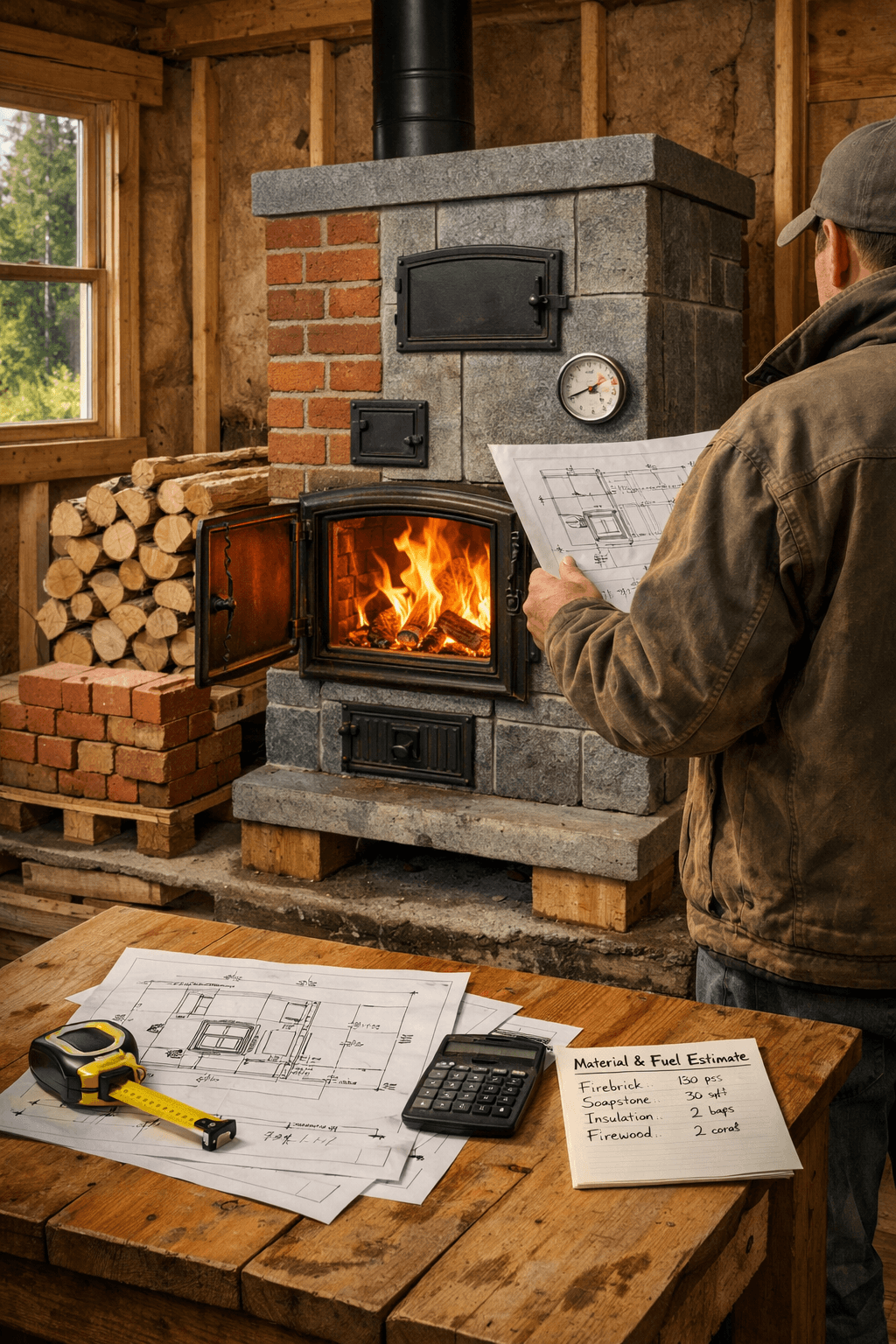 Builder reviews plans beside a masonry heater with open firebox, stacked logs, exposed supports, and a temperature gauge in a rustic cabin.