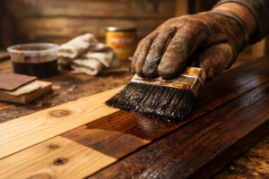 Gloved hand uses a stain brush to darken wood trim, with pine test boards, tools, and wet walnut stain on a workbench.