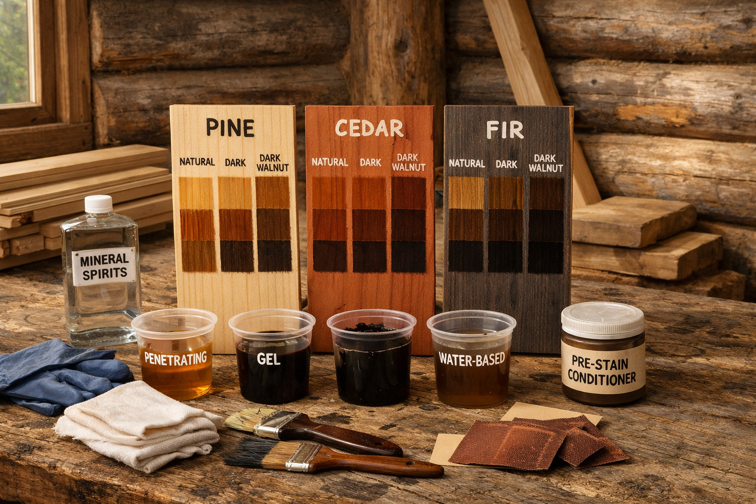 Cabin workshop with labeled pine, cedar, and fir stain samples, mixing cups, brushes, and supplies for choosing how to darken wood