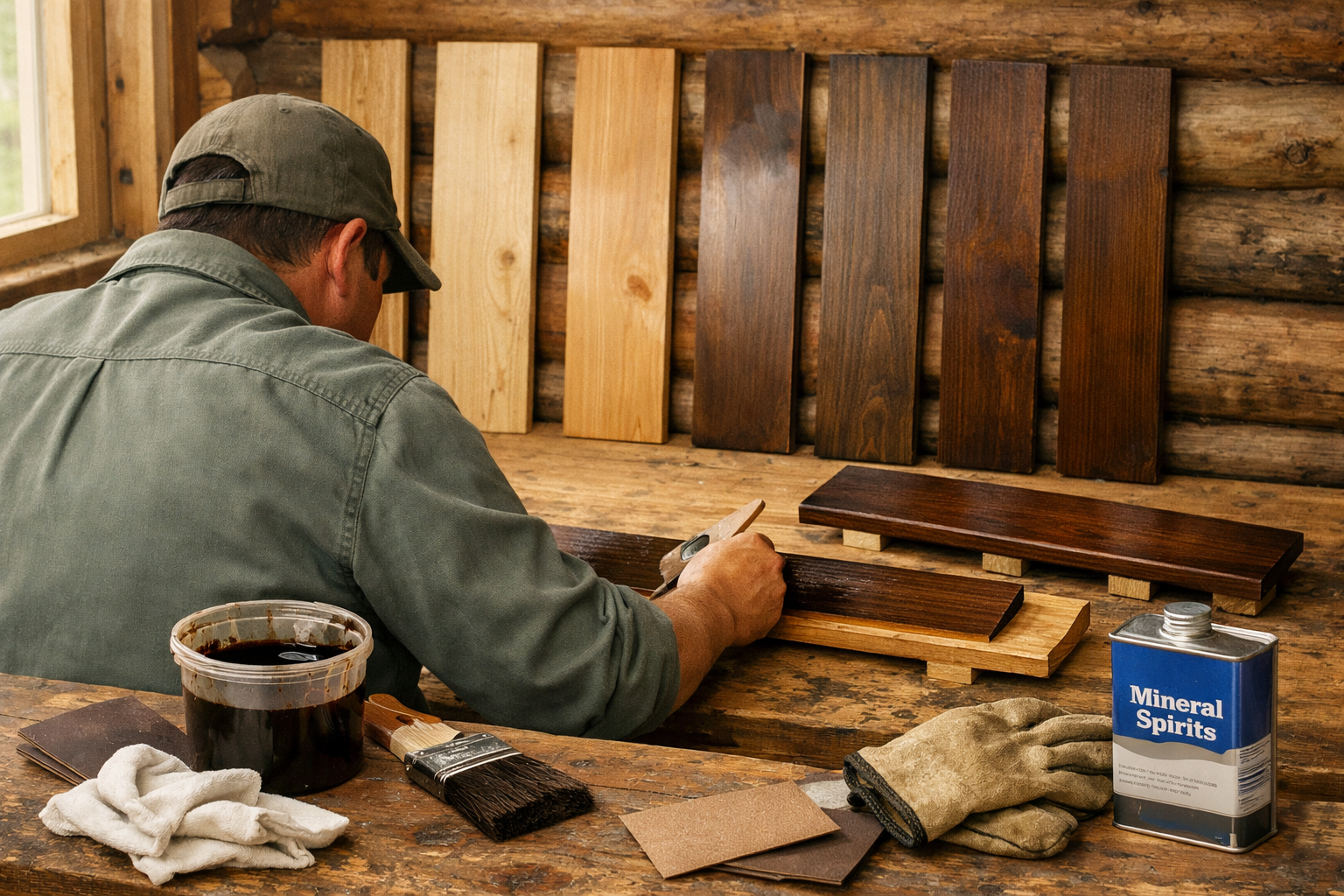 Builder applies darken wood stain to cabin trim beside test boards, brushes, rags, and finish supplies in a rustic workshop.