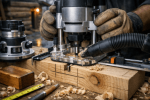 Close-up of woodworking routing on a pine beam with plunge router, guide, shavings, and gloved hands.