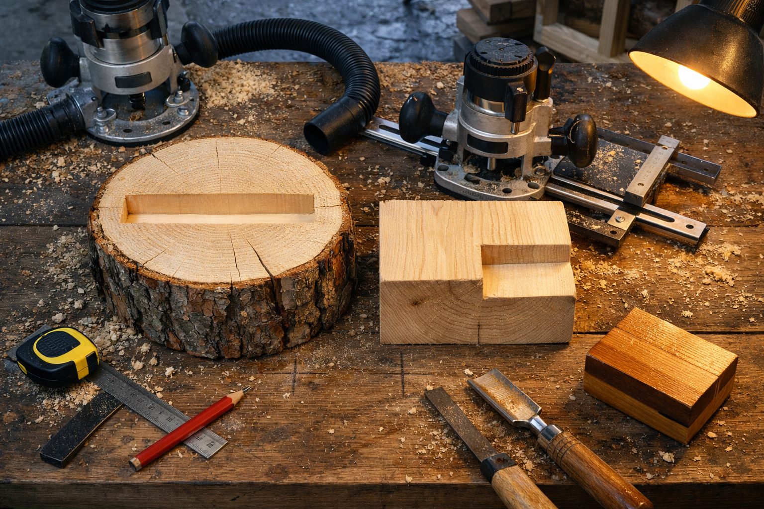 Overhead cabin workbench with woodworking routing tools, pine log and beam showing dado and rabbet cuts.