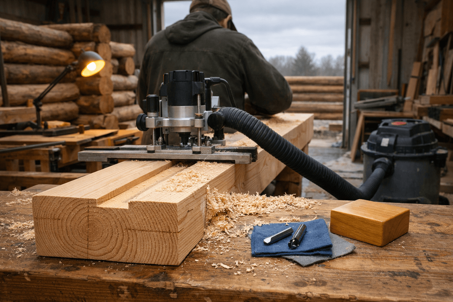 Woodworking routing: woodworker uses a plunge router on a pine beam in a workshop, with dust hose and clamps.