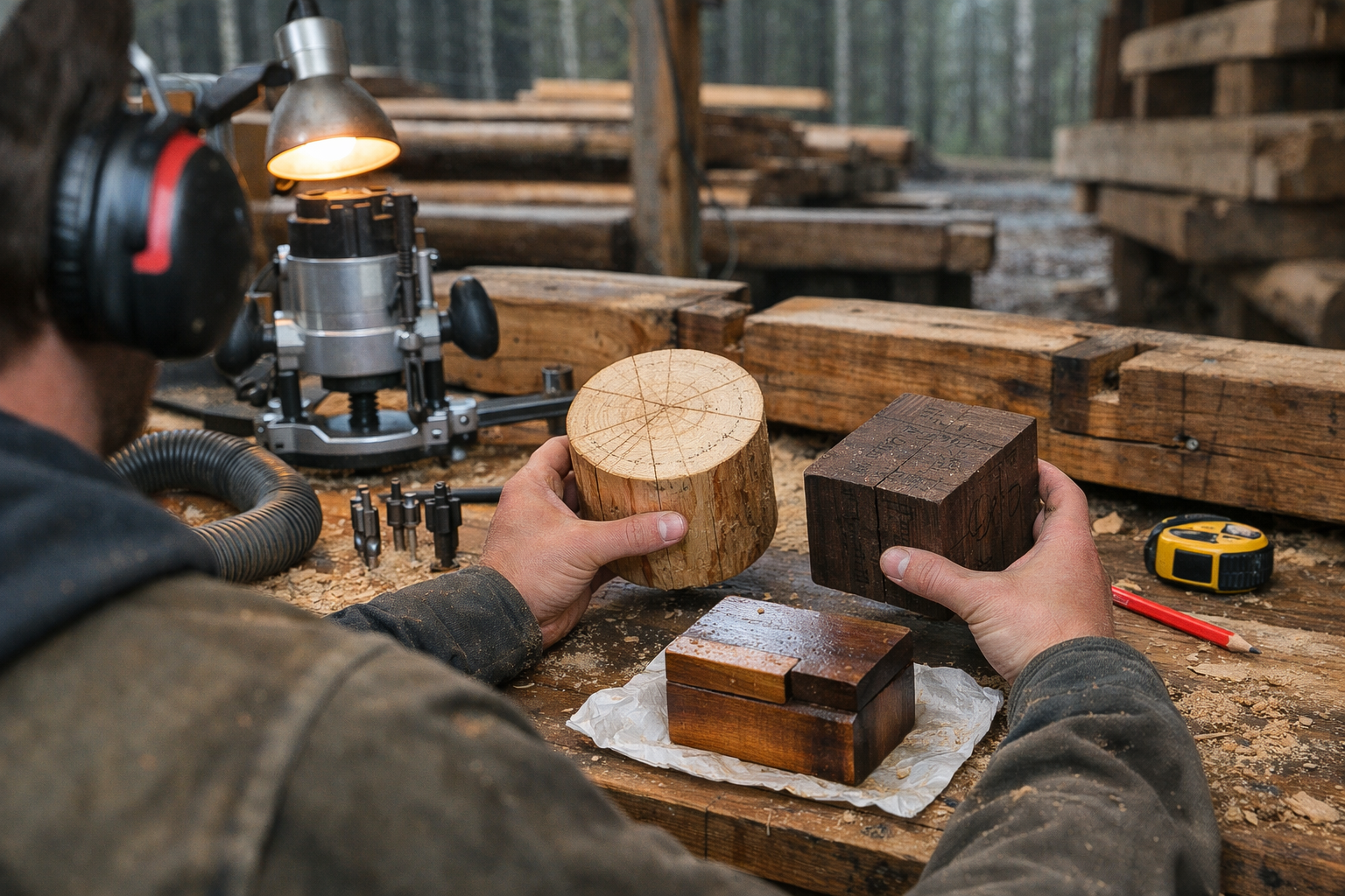 Woodworking routing scene: woodworker at bench with router, timber offcuts, clamps, and dust in cabin workshop