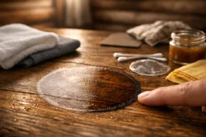 Close-up of a water ring on wood with cloth and finish supplies for how to get rid of water ring on wood.