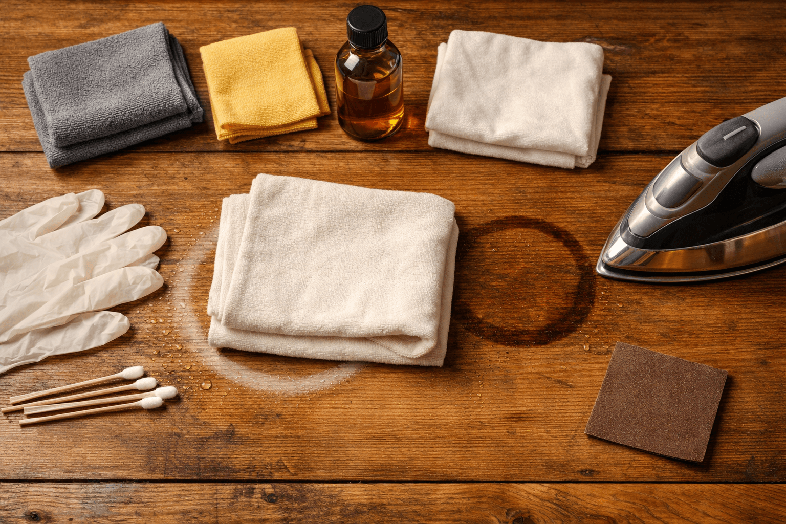 how to get rid of water ring on wood: iron on cloth beside white water ring and dark stain on wood table with supplies