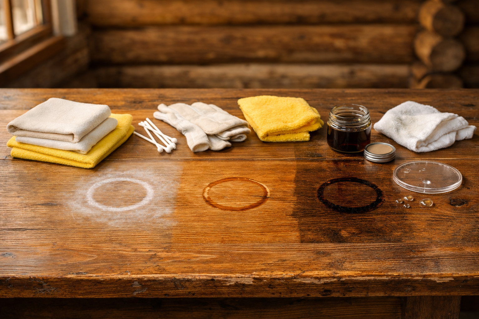 Rustic wood tabletop with water ring, cloths, and oil jar for how to get rid of water ring on wood