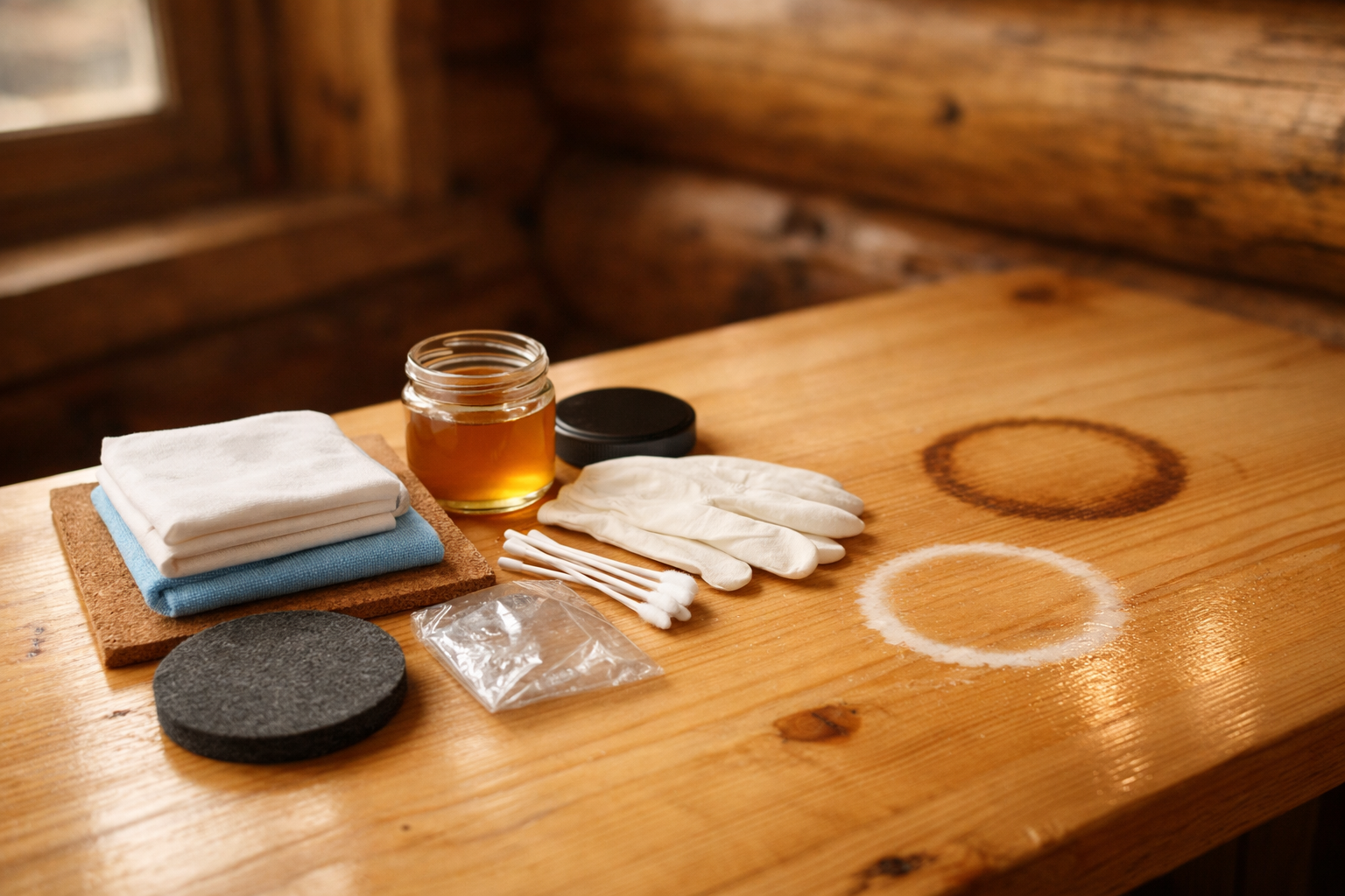 Cabin pine table with water rings and wood-oil supplies for how to get rid of water ring on wood