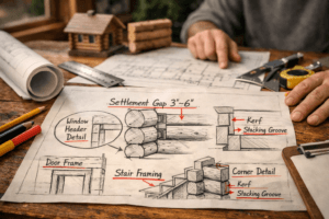 building plans for log homes on a rustic desk with blueprint, tools, and log wall detail