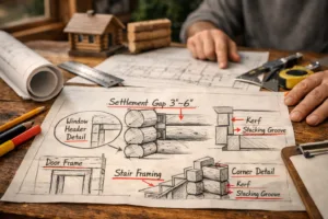 building plans for log homes on a rustic desk with blueprint, tools, and log wall detail