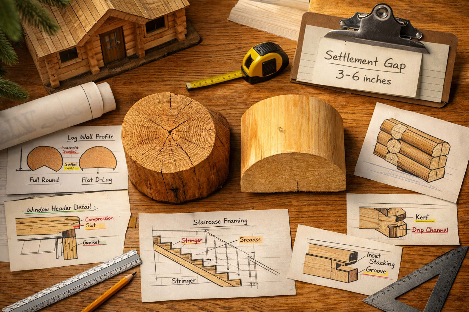 Overhead rustic desk with log wall samples, drafting tools, and building plans for log homes