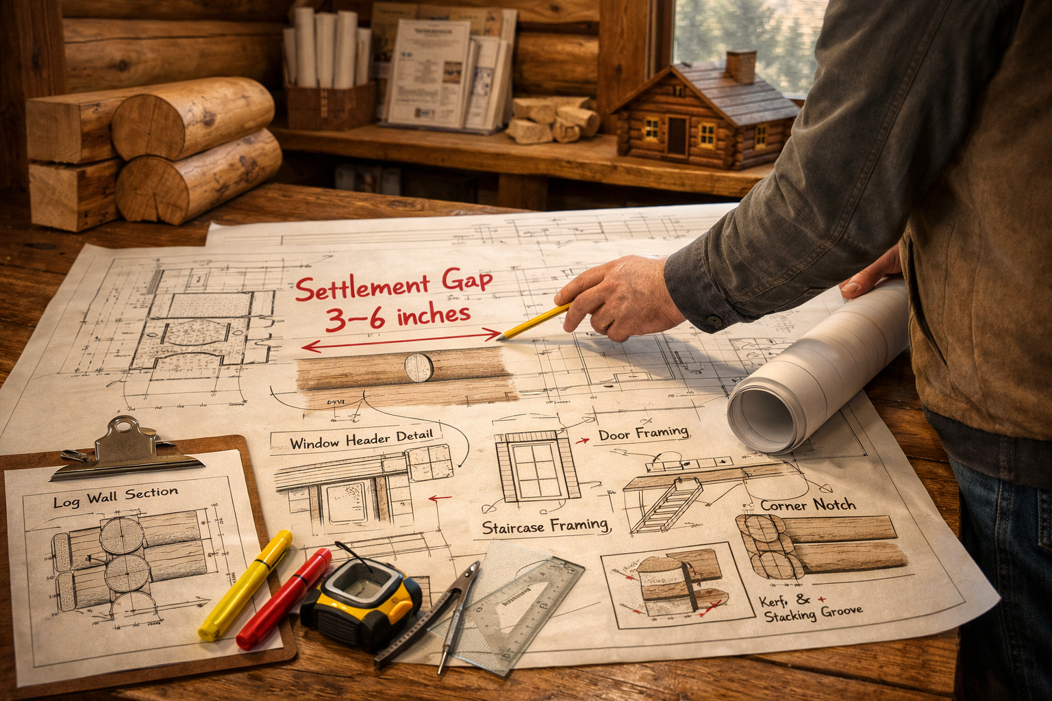 Designer and homeowner review building plans for log homes on a rustic workshop table.