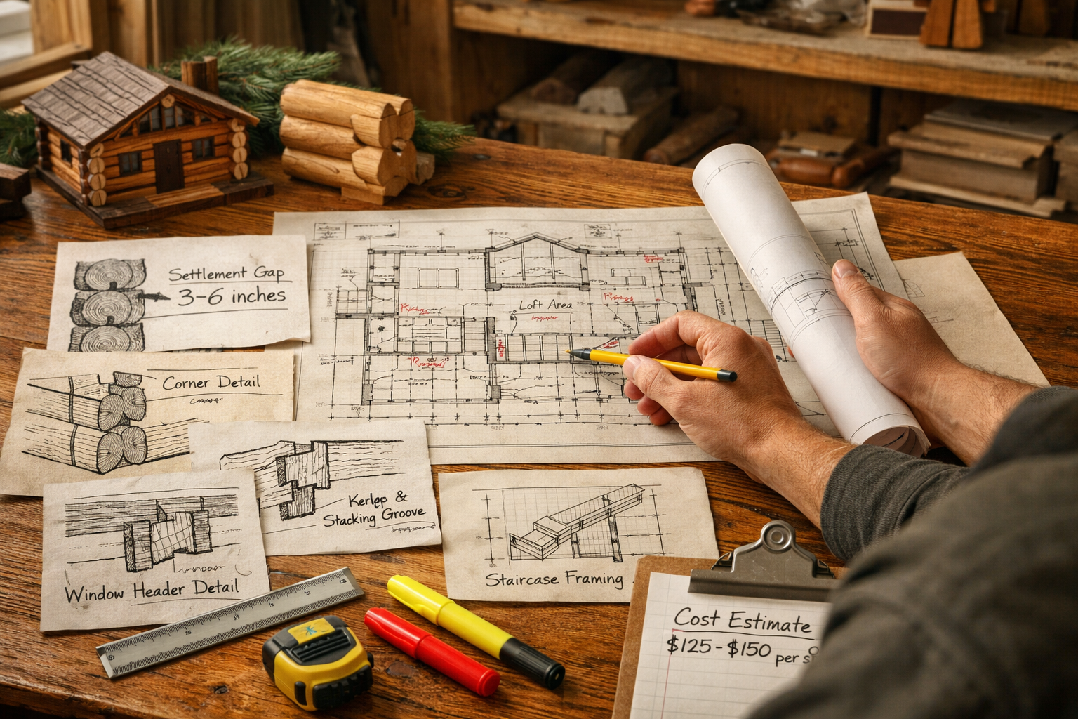 Designer reviewing building plans for log homes at a rustic desk with blueprints and log cabin samples