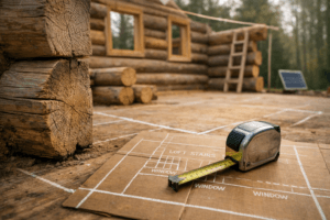 small log cabin design: close-up of log corner, chalk floor plan, tape measure, and loft framing on site