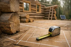 small log cabin design: close-up of log corner, chalk floor plan, tape measure, and loft framing on site