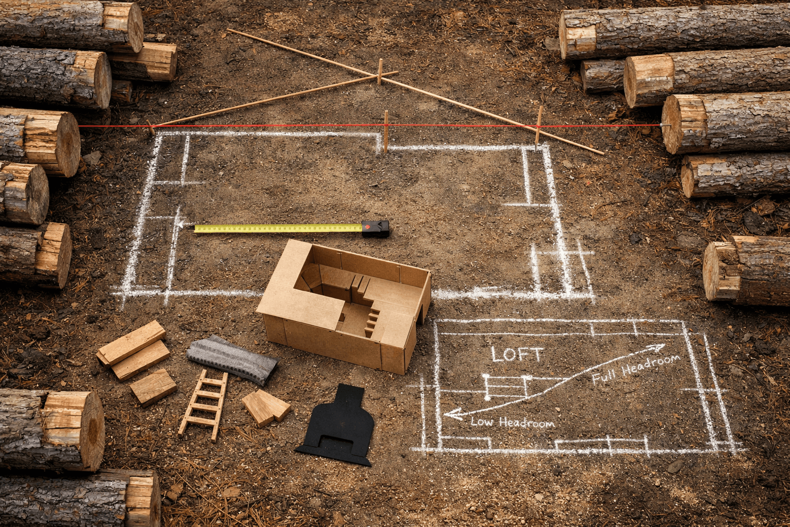 Overhead small log cabin design layout with chalk footprint, logs, loft mockup, and tape measure.