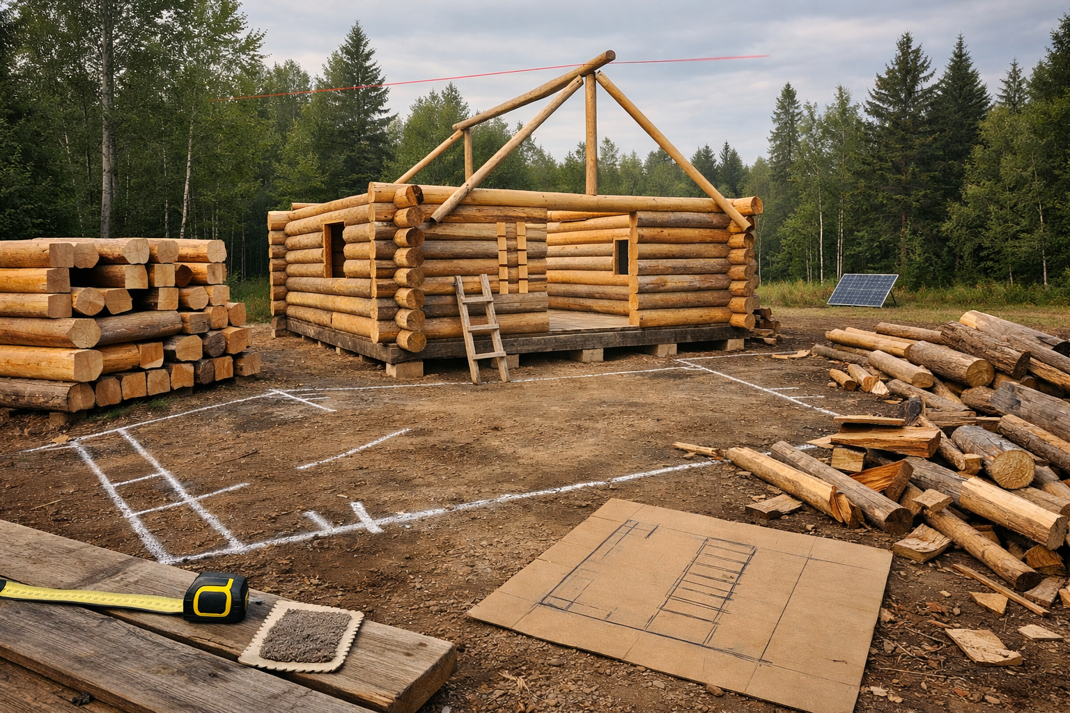 small log cabin design under construction in a woodland clearing, with stacked logs, tools, and framing