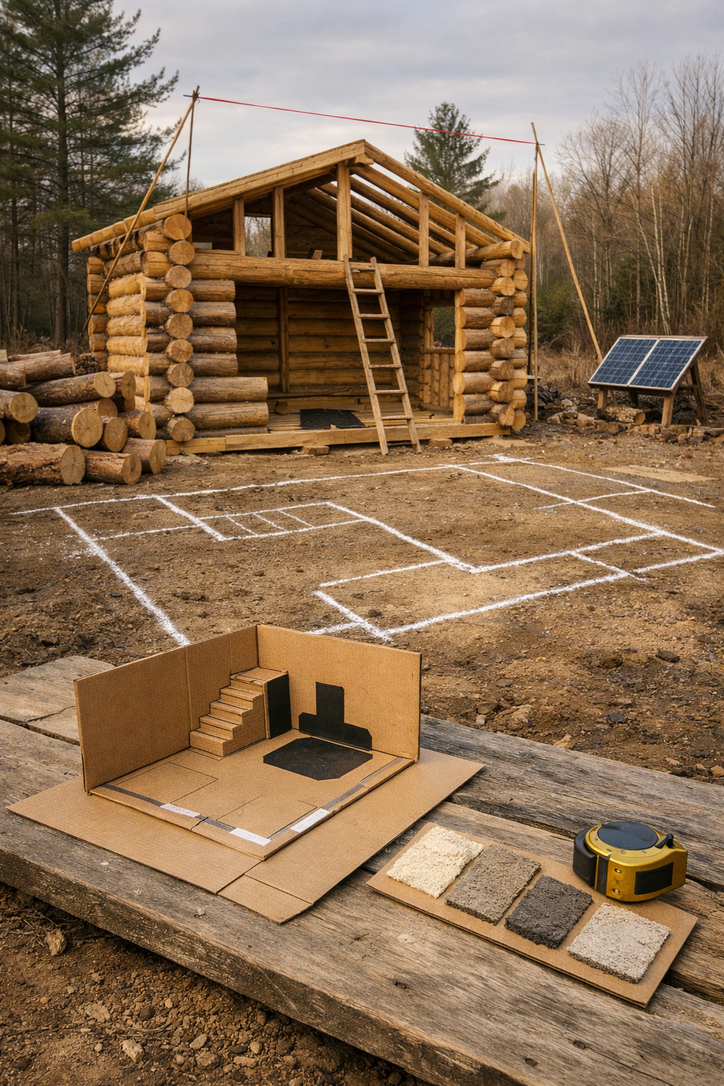 Small log cabin design under construction in woods, with chalk layout lines, logs, ladder mockup, and plan.