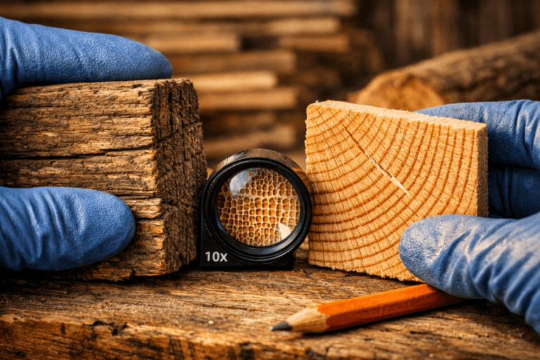 Gloved hands inspect reclaimed wood end grain with a loupe, asking what type of wood is this