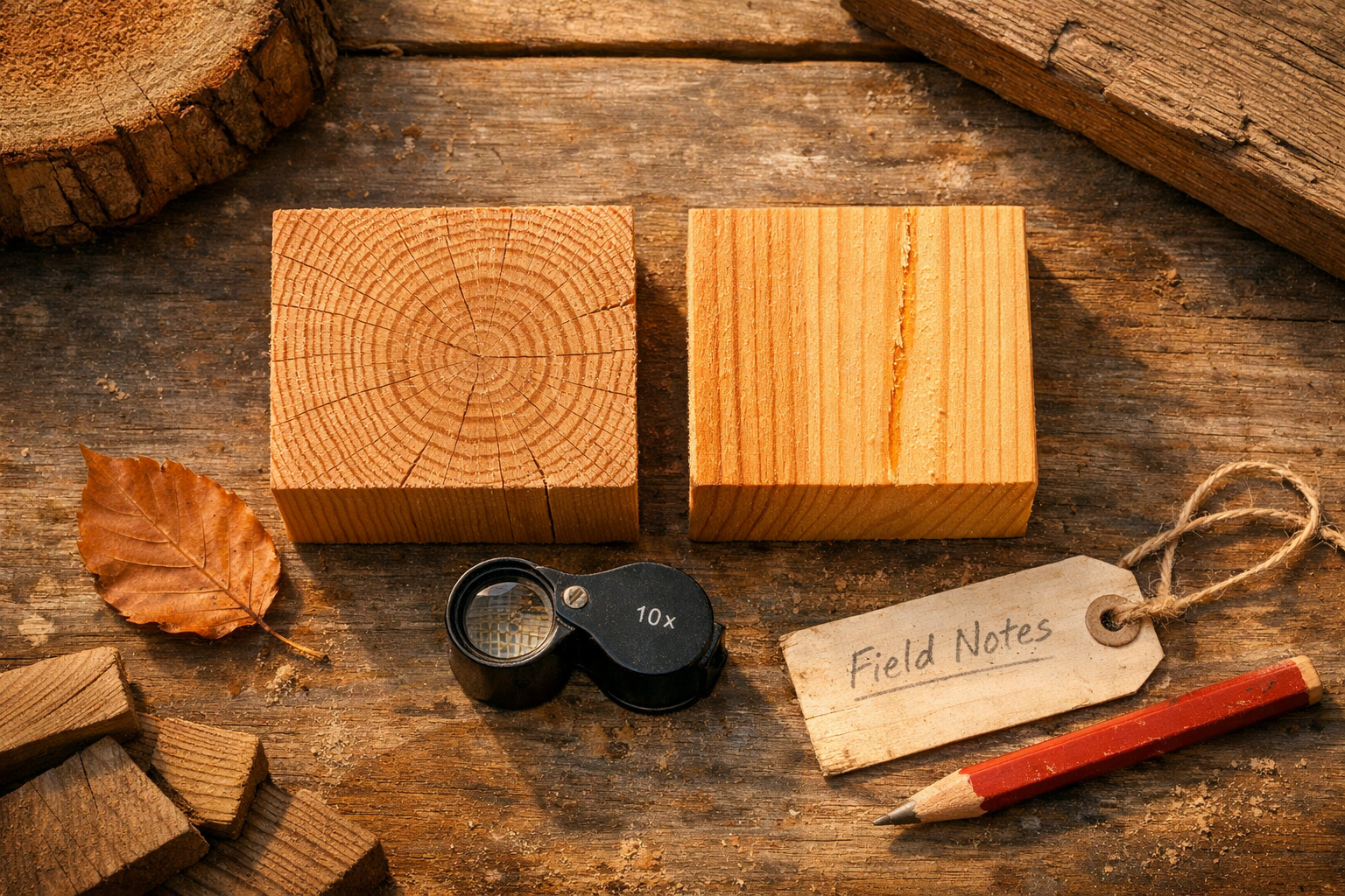 Wood samples with growth rings, leaf, and loupe asking what type of wood is this