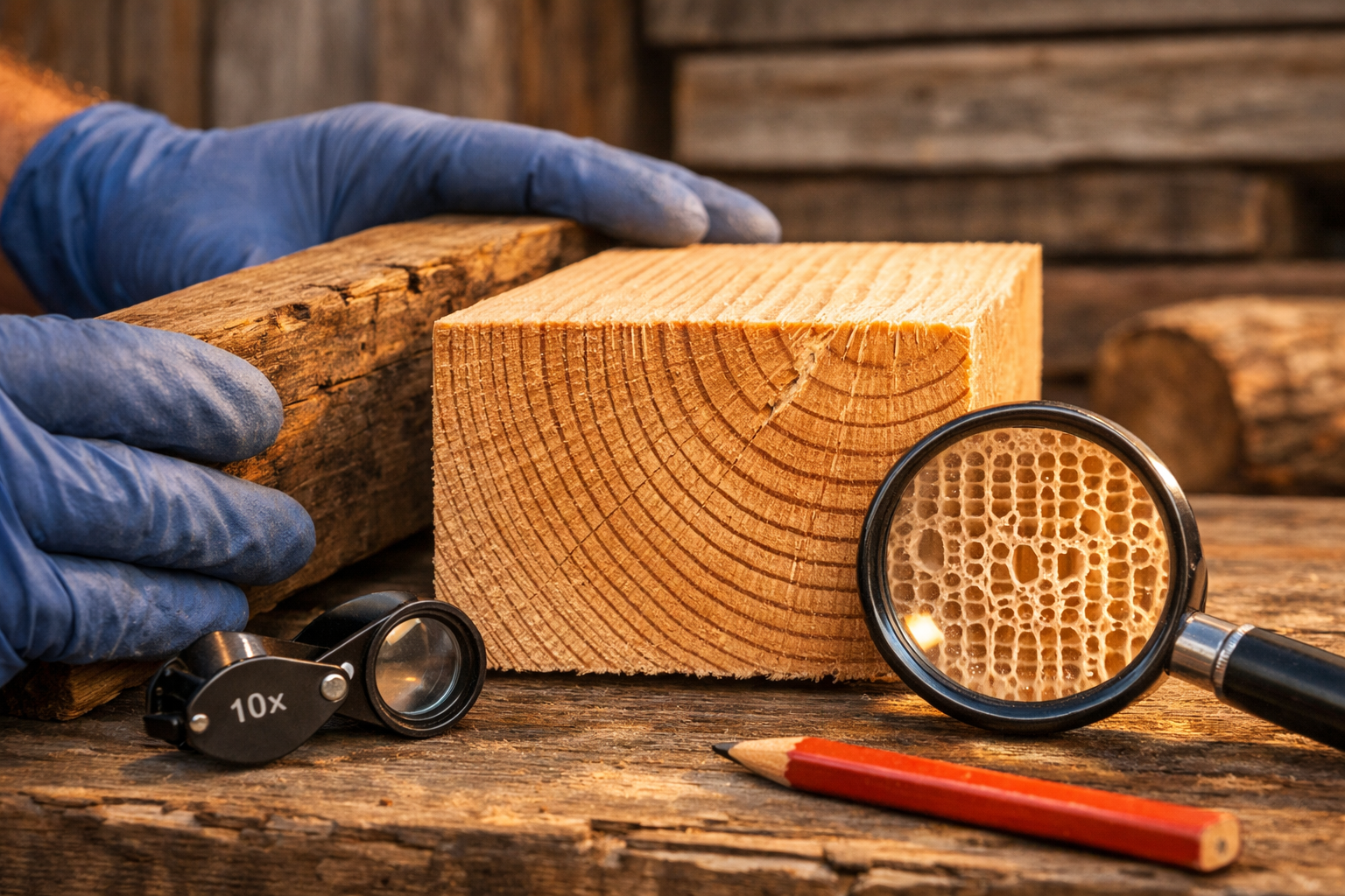 Gloved hands inspect timber end grain with loupe on rustic workbench, what type of wood is this
