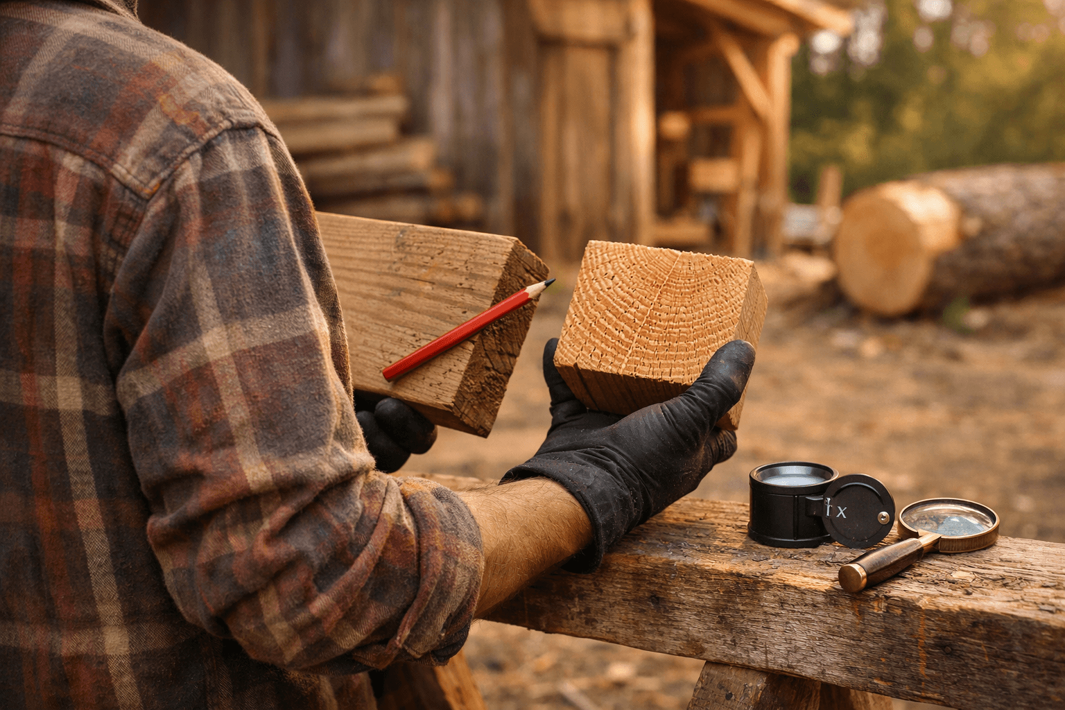 Builder holding reclaimed timber plank and sawn end grain, asking what type of wood is this