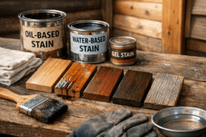 Woodworking stains in cedar and pine samples, with stain cans, brush, rags, and gloves on a rustic workbench.