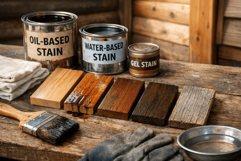 Woodworking stains in cedar and pine samples, with stain cans, brush, rags, and gloves on a rustic workbench.