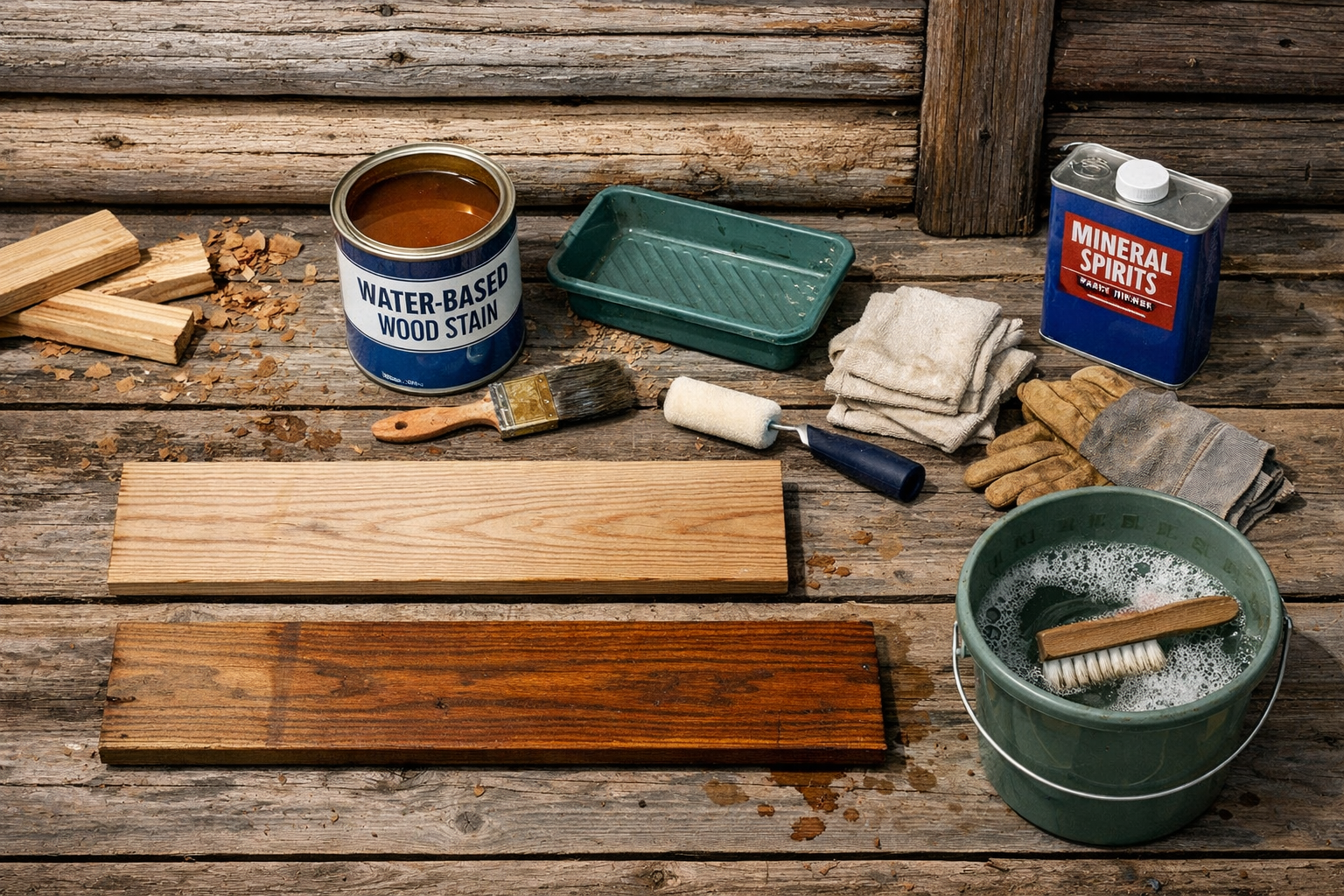 Overhead cabin work area with water-based stain, sample boards, tools, and cleaning supplies showcasing woodworking stains.