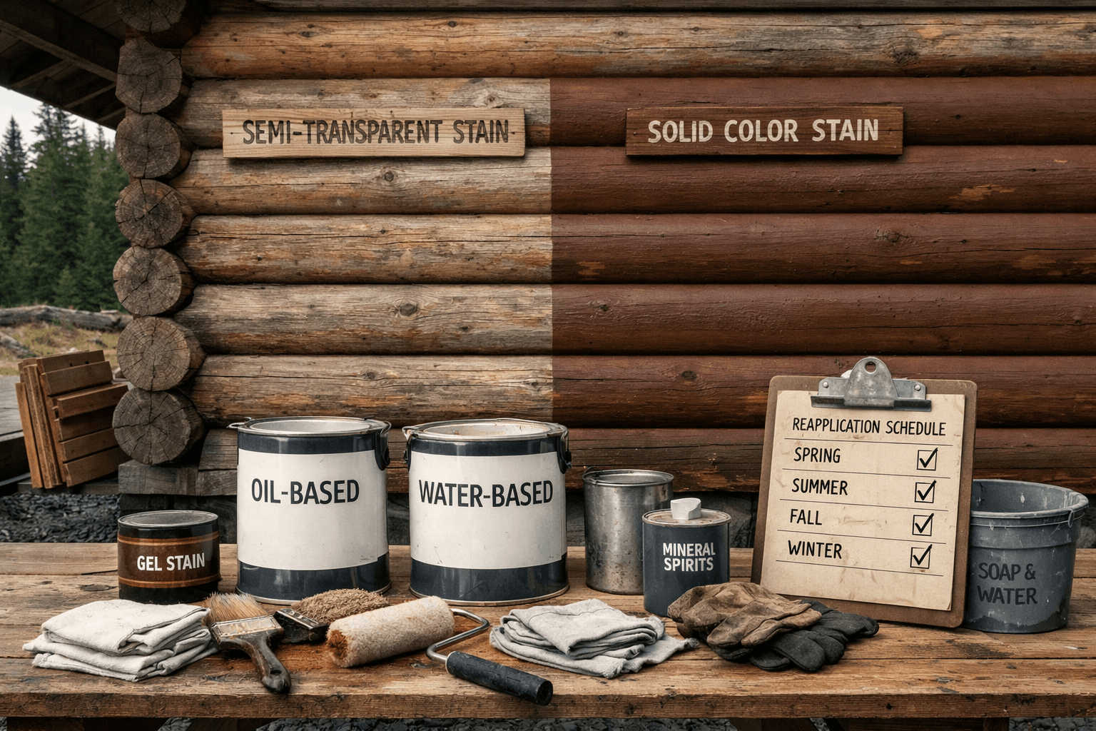 Remote cabin work area with test wall comparing transparent and solid stains, tools, schedule, and labeled woodworking stains cans.
