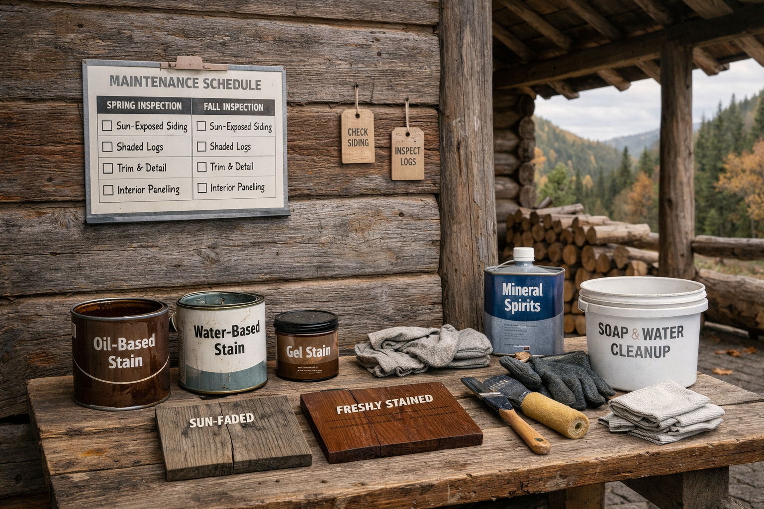 Remote cabin porch worktable displays woodworking stains, sample boards, brushes, and a spring-fall maintenance calendar.