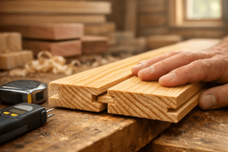 Close-up of hands joining tongued and grooved pine boards beside woodworking tools in a sunlit workshop.