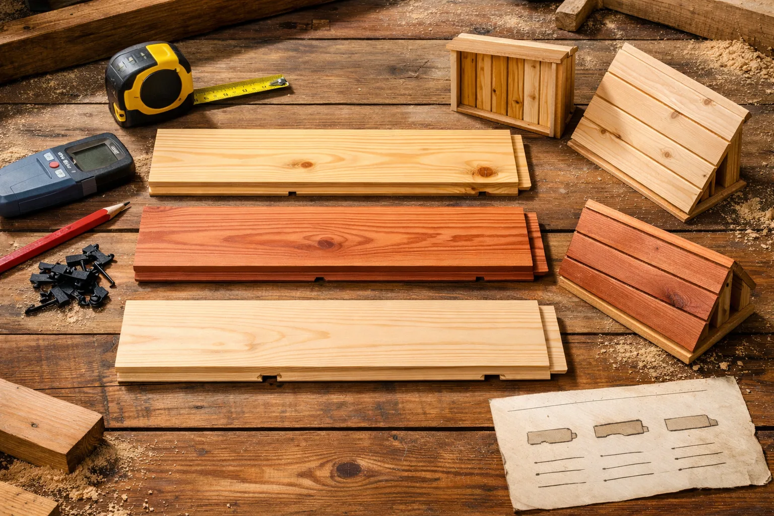 Overhead rustic workbench showing tongued and grooved pine, cedar, and spruce profiles with wall and ceiling mock-ups and tools.