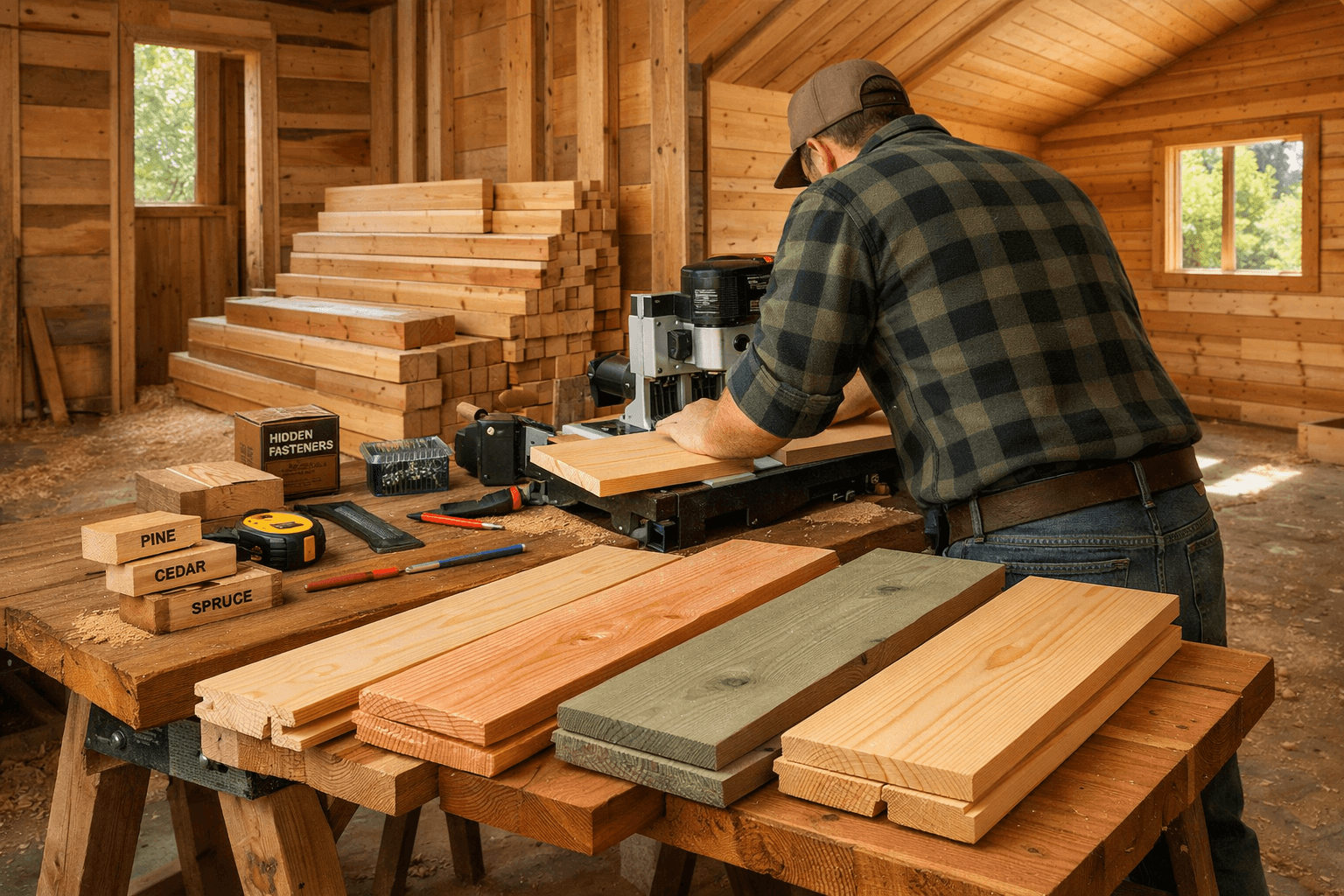 Wide view of a craftsperson cutting tongued and grooved cabin boards beside a router, tools, lumber, and partially clad walls.