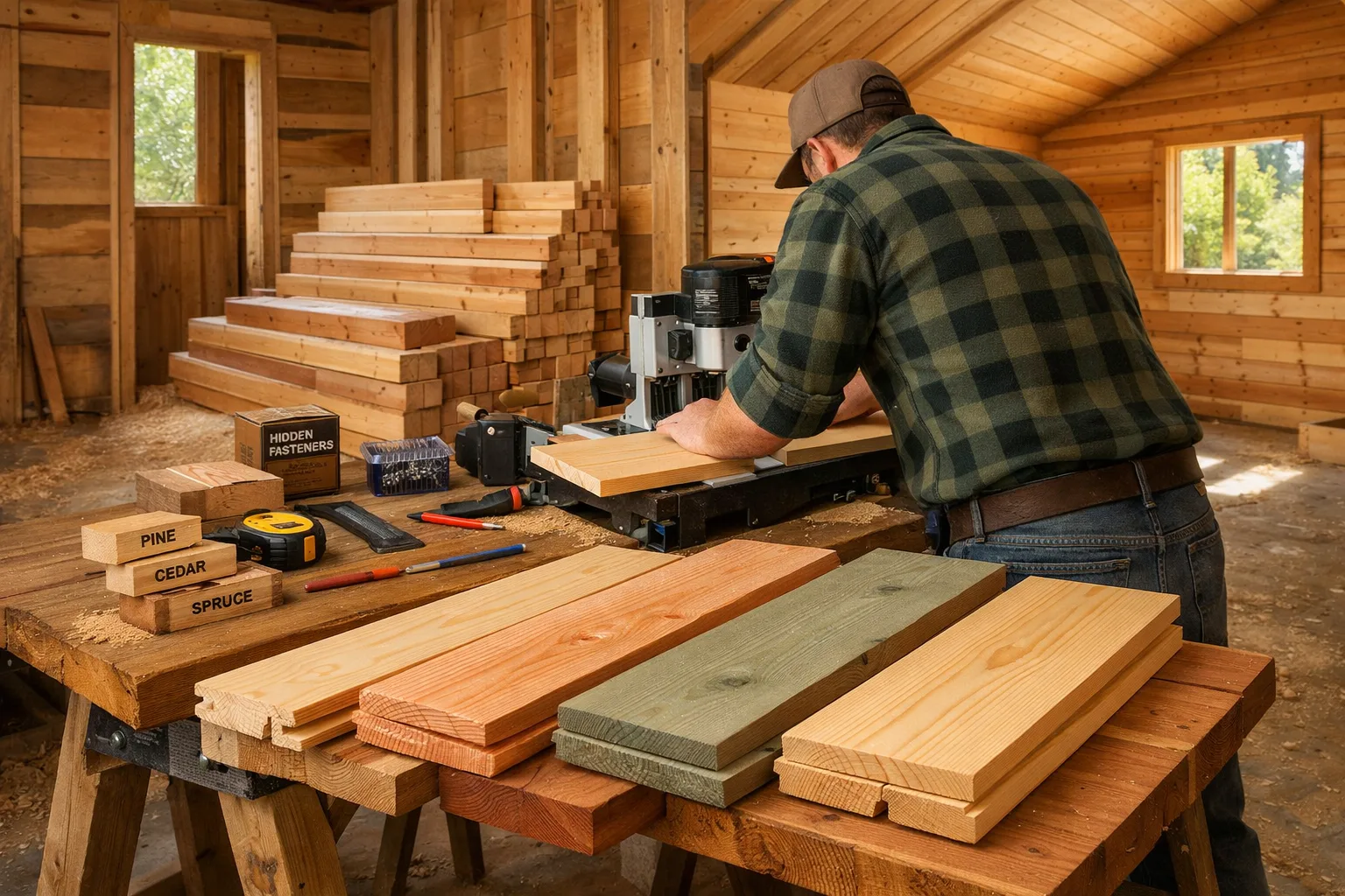 Wide view of a craftsperson cutting tongued and grooved cabin boards beside a router, tools, lumber, and partially clad walls.