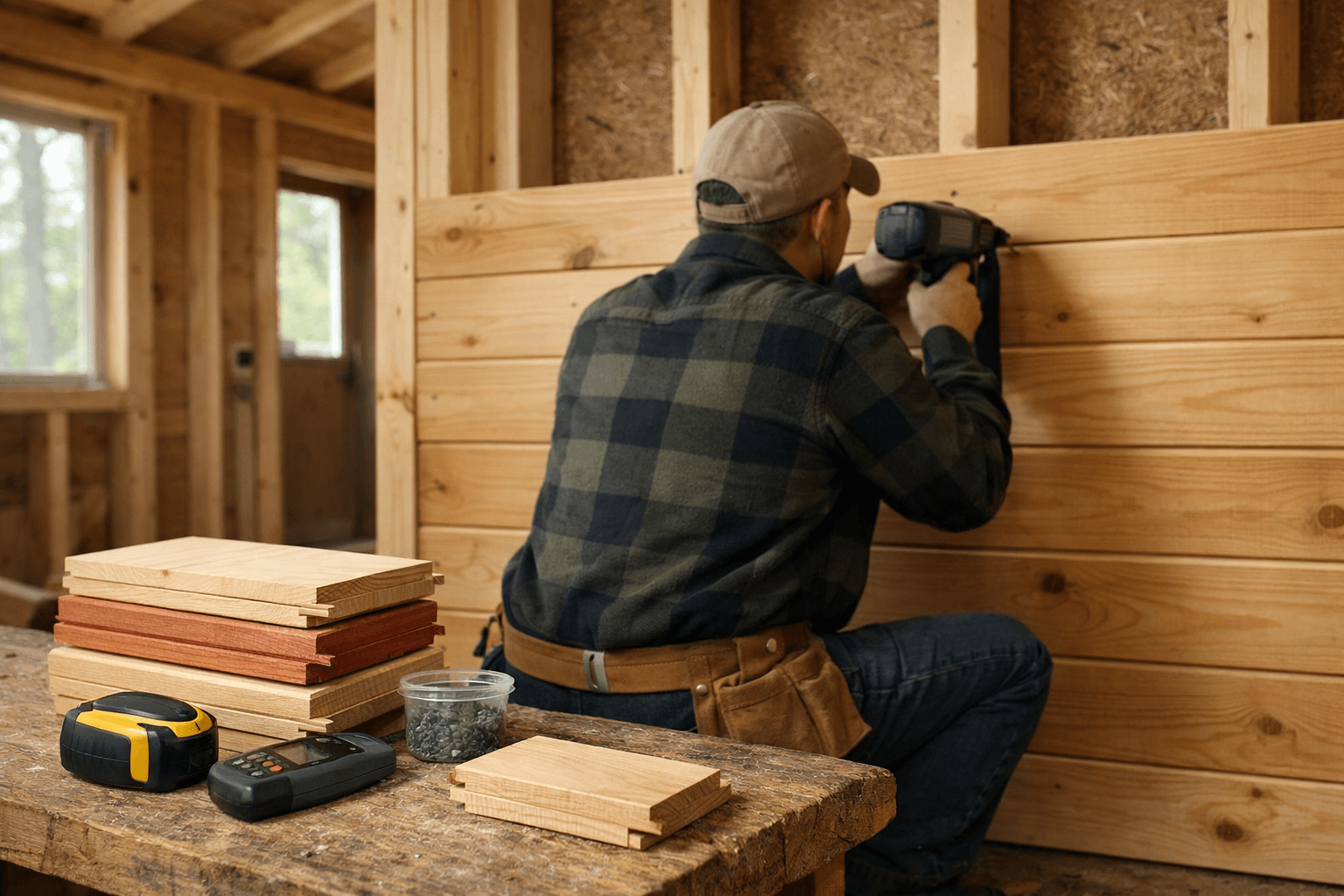 Carpenter installing tongued and grooved pine boards in an unfinished cabin, with concealed fasteners and wood samples on a workbench.
