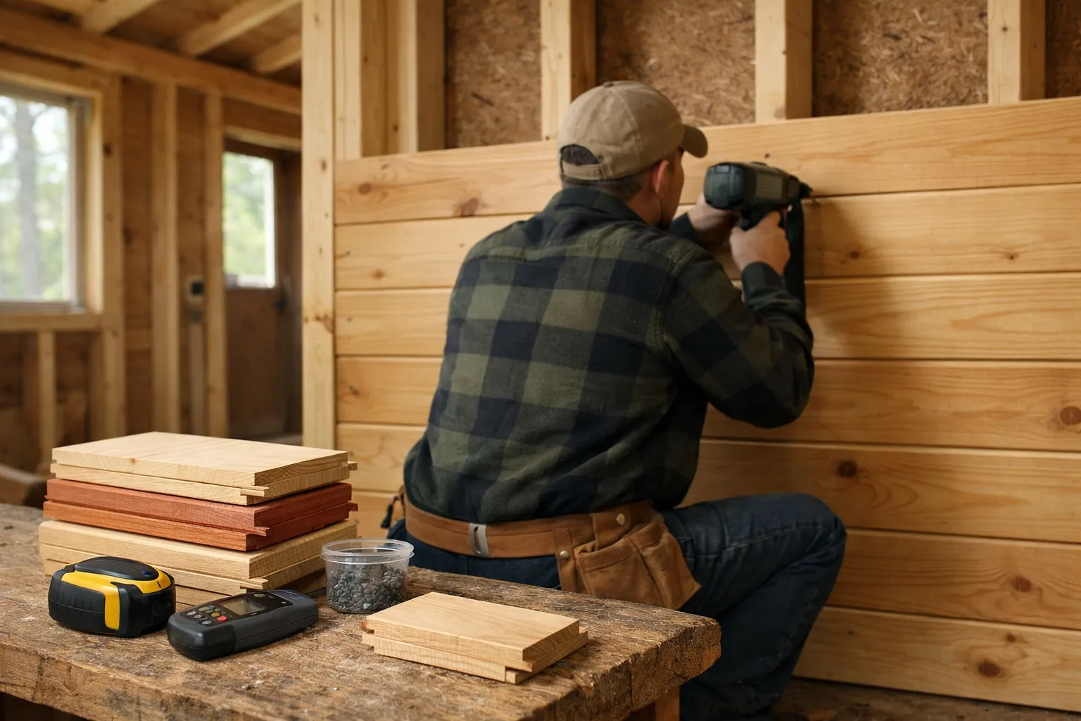 Carpenter installing tongued and grooved pine boards in an unfinished cabin, with concealed fasteners and wood samples on a workbench.