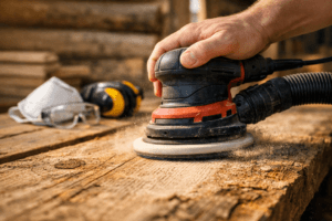 Macro view of a random orbital sander smoothing rough cabin siding, with a hand gripping it, wood dust, and safety gear nearby.