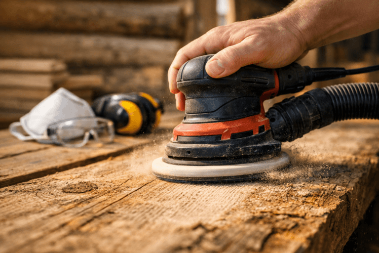 Macro view of a random orbital sander smoothing rough cabin siding, with a hand gripping it, wood dust, and safety gear nearby.