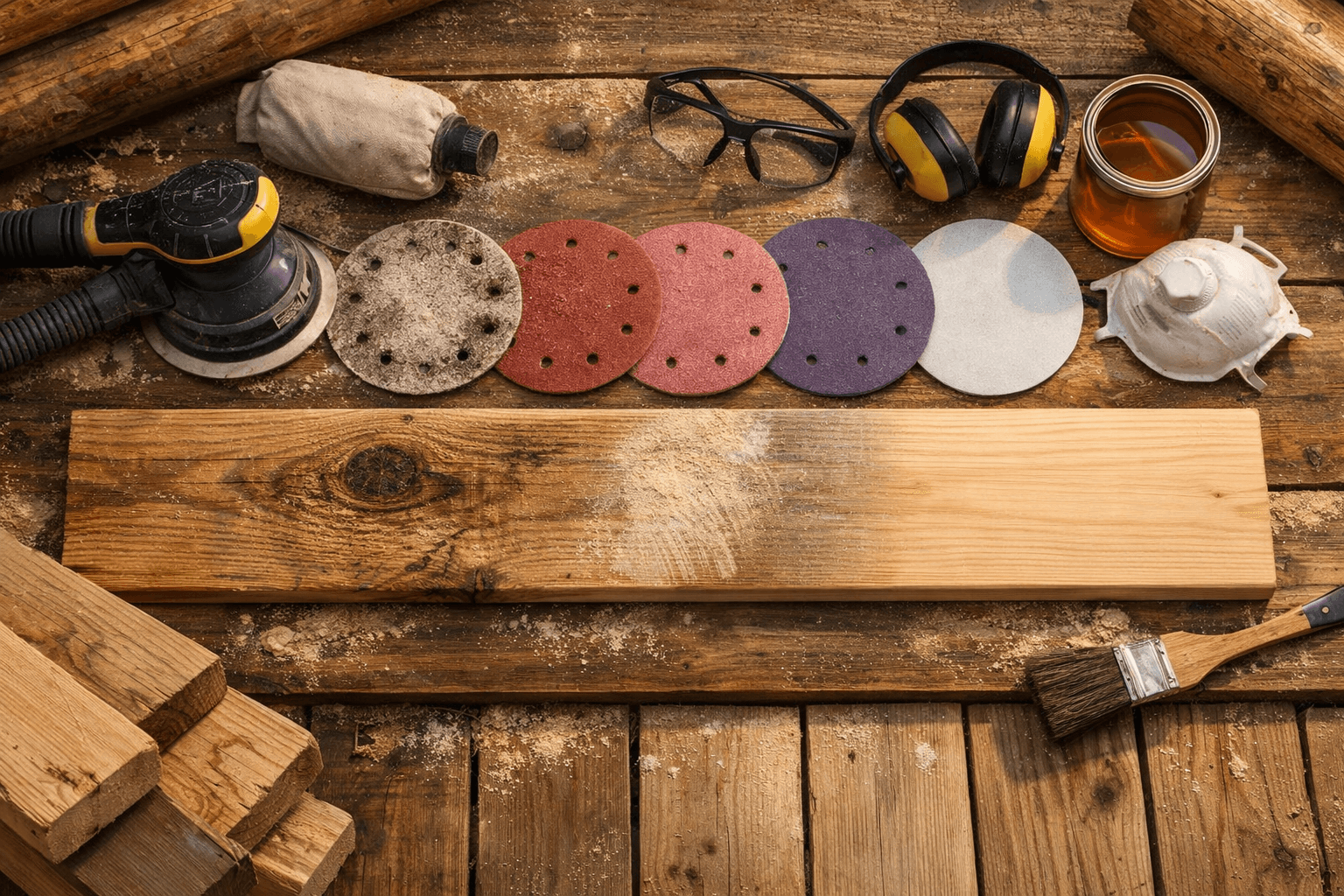 Overhead cabin workbench with random orbital sander, sanding discs, graded wood surfaces, sealer, safety gear, and sawdust.