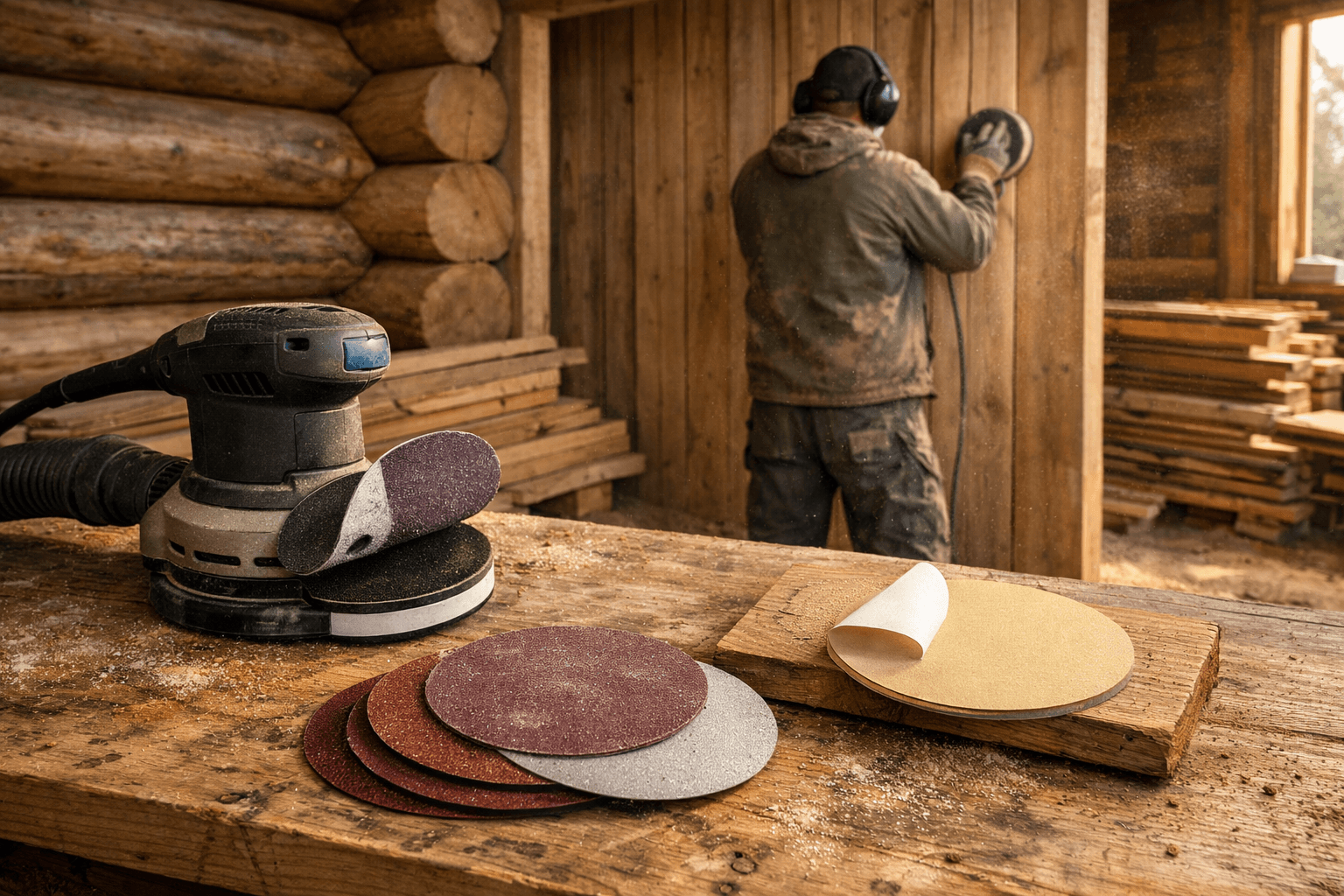 Random orbital sander with hook-and-loop and adhesive discs on a workbench as a masked worker sands cabin siding.
