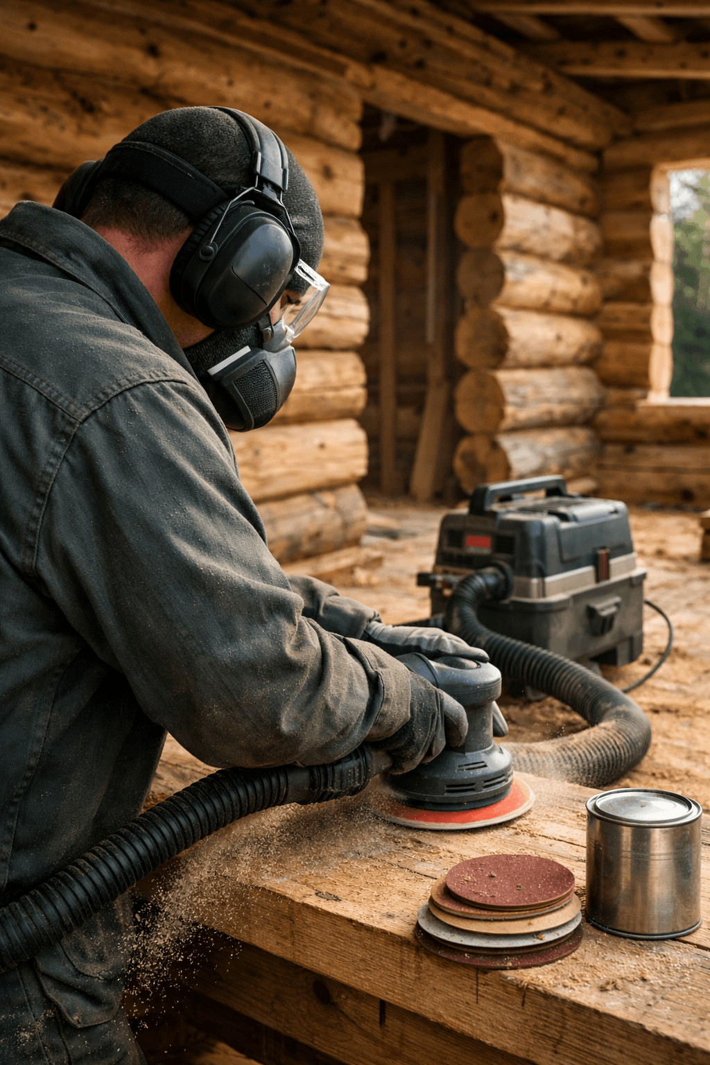 Builder in safety gear uses a random orbital sander on cabin siding, with dust hose connected to a portable extractor.